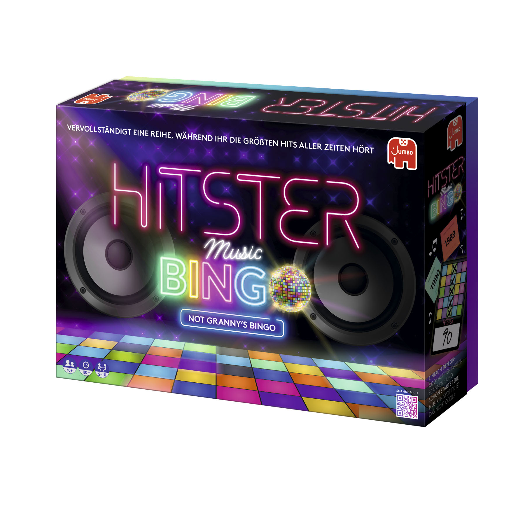 Schachtel mit 'Hitster Music Bingo', Lautsprechern, Diskokugel, mehrfarbigem Boden und Text.