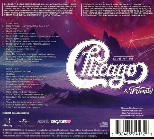 Pochette de l'album 'Chicago Live at 55'. Logo du groupe et liste des titres visibles.