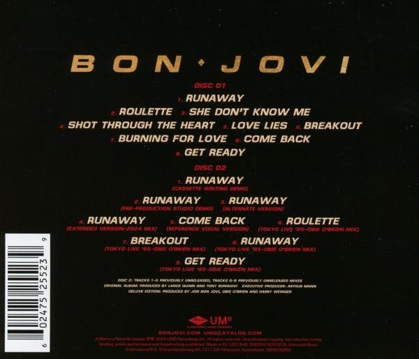 Rückseite einer Bon Jovi CD mit Titellisten und Credits, auf schwarzem Hintergrund.