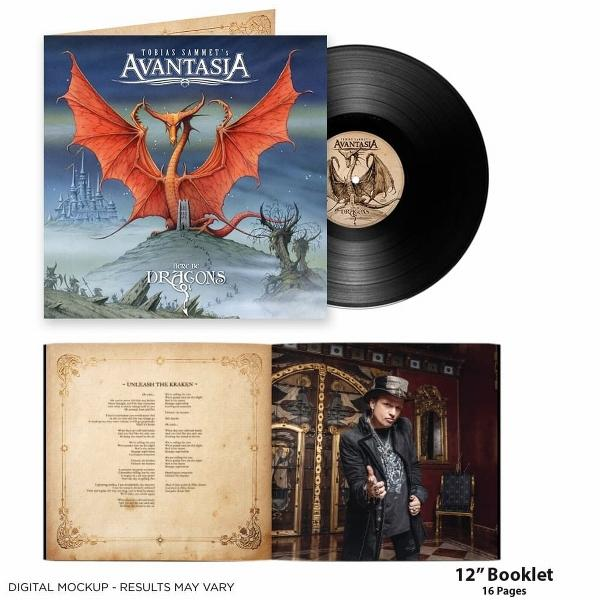 Albumcover und Vinyl-Schallplatte. Cover zeigt einen roten Drachen und den Albumtitel. Booklet und Texte enthalten.