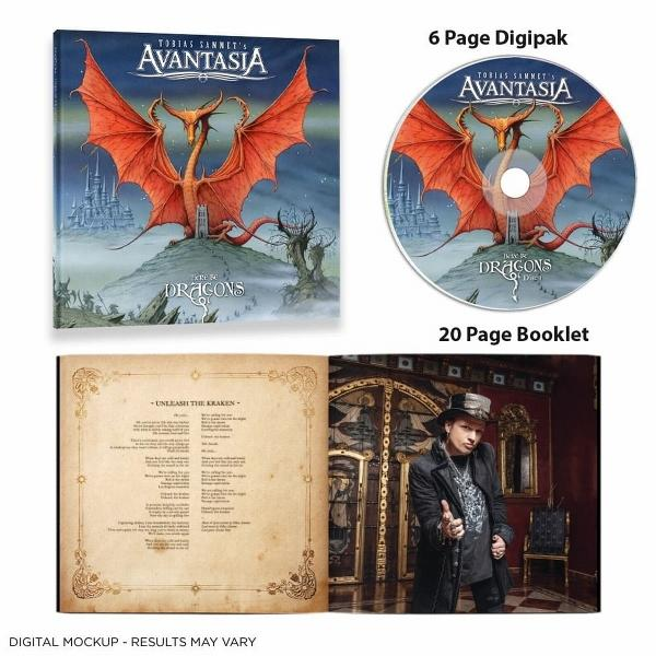 Albumcover mit Drachenkunst, CD und Booklet. Text: Tobias Sammet's AVANTASIA.