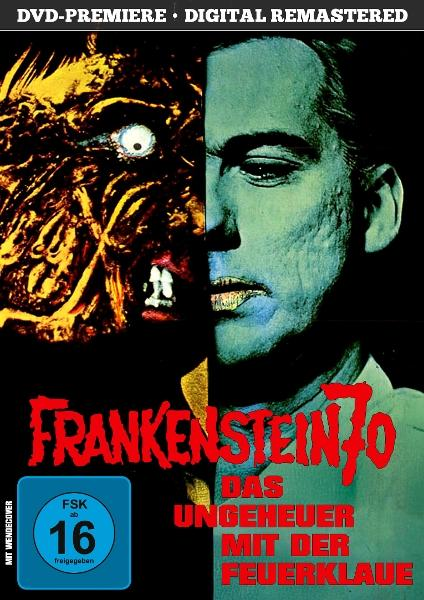 DVD-Cover für den Film 'Frankenstein 70' mit einem geteilten Gesichtsbild eines Monsters und eines Mannes.