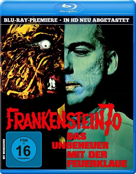 Ein Blu-ray-Cover mit einem geteilten Bild eines Monsters und eines Mannes mit dem Text 'Frankenstein 70'.