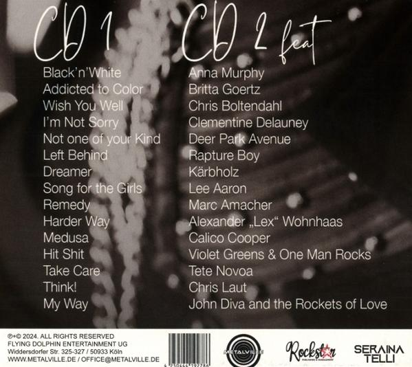 Albumcover, Songliste, Graustufen, Bandinfo, schwarzer Hintergrund.