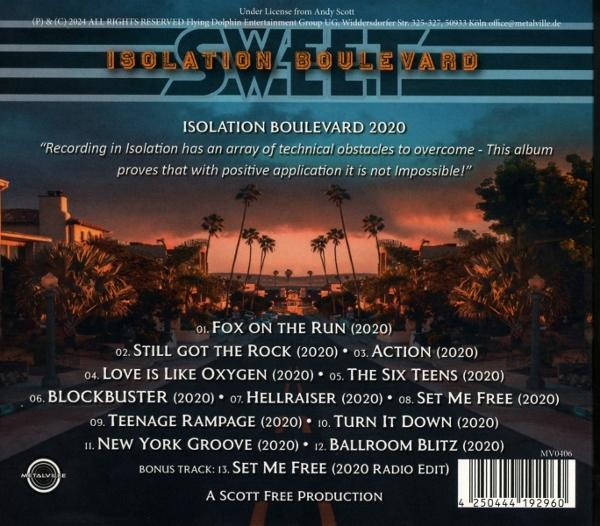 CD-Cover mit 'Sweet' und 'Isolation Boulevard'. Listet Albumtracks mit Sonnenuntergang und Palmen im Hintergrund auf.