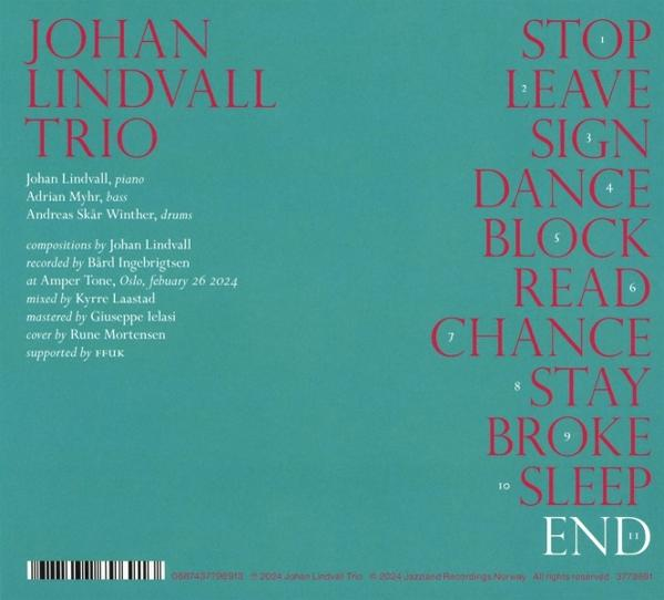 Die Rückseite eines Musikalbums des Johan Lindvall Trios mit Songtiteln und Credits.