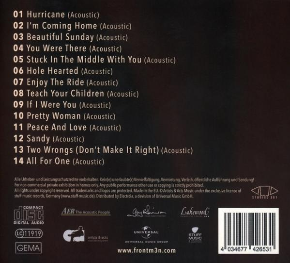 Rückseite einer CD-Hülle. Text listet Songtitel, Interpreten und Informationen zur Musik auf.
