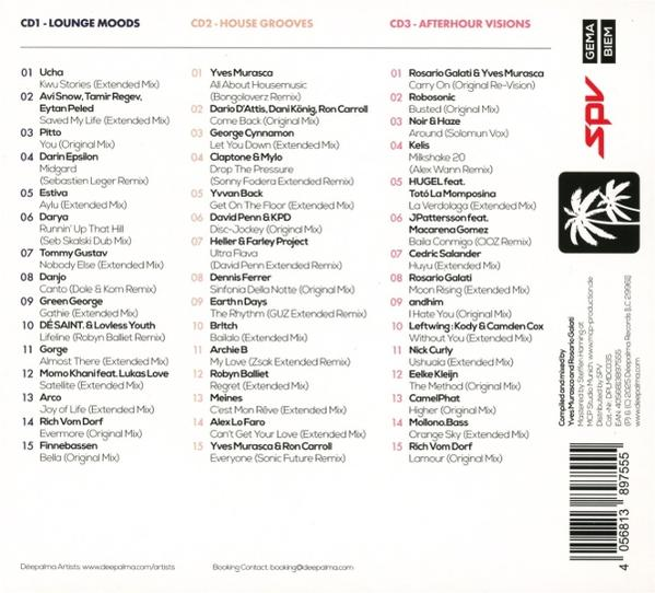 CD-Cover mit drei verschiedenen Musikrichtungen: Lounge, House Grooves, Afterhour Visions.