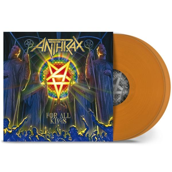 Albumcover für Anthrax' "For All Kings". Orangefarbene Vinyl-Schallplatte auf weißer Oberfläche.