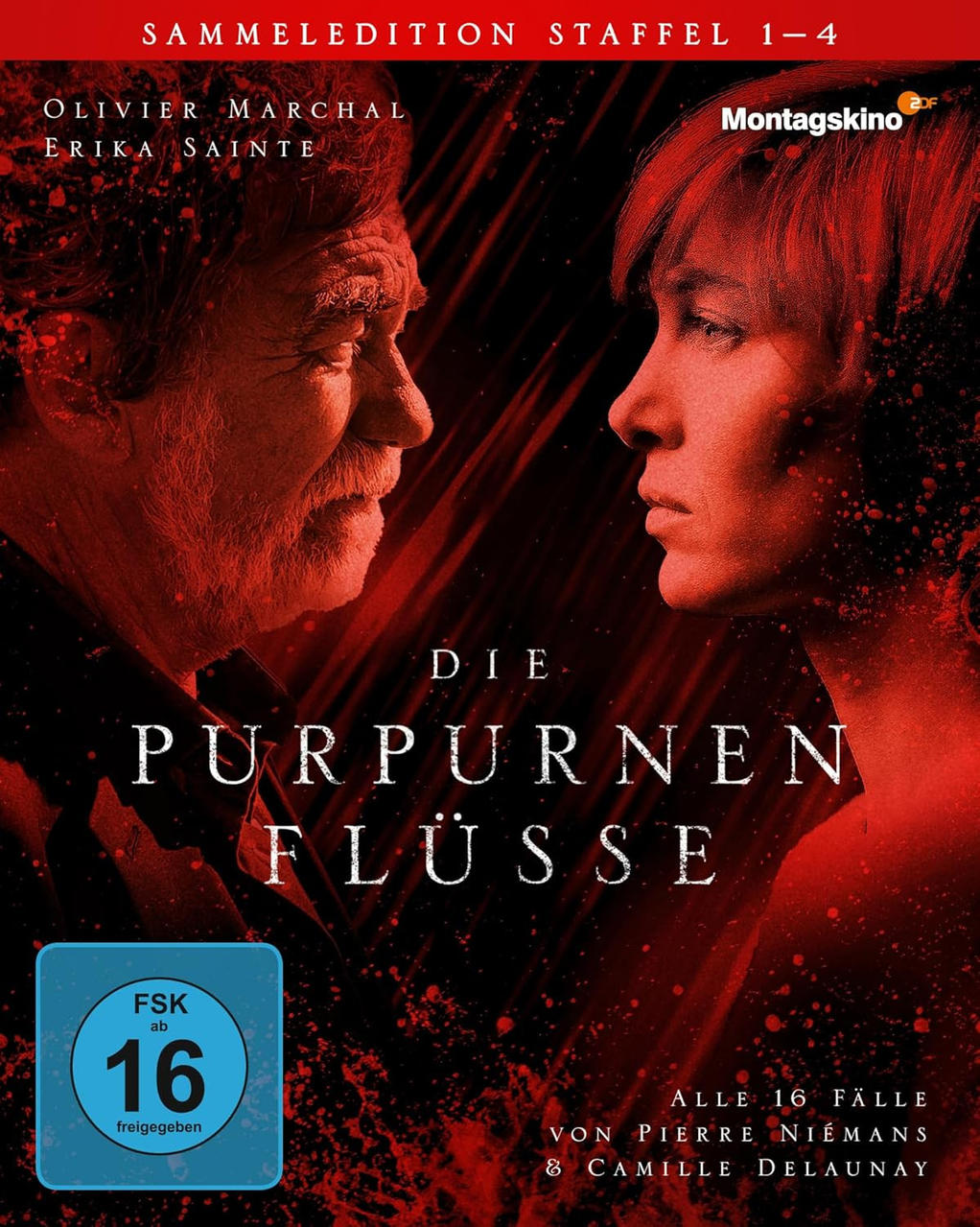 DVD-Cover für 'Die Purpurnen Flüsse'. Zwei Gesichter blicken sich vor rotem Hintergrund an.