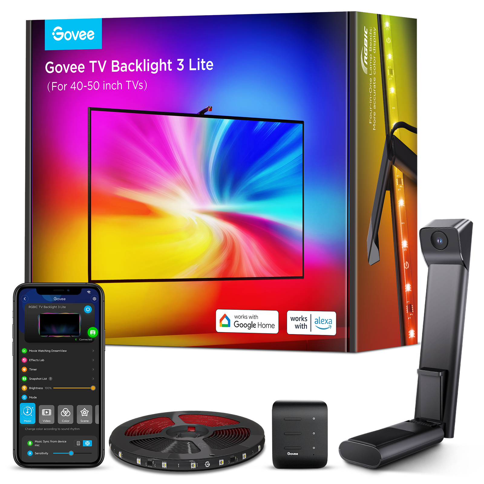 Govee TV Backlight 3 Lite seti, TV, uygulama ekranı, LED şerit, kamera ile.