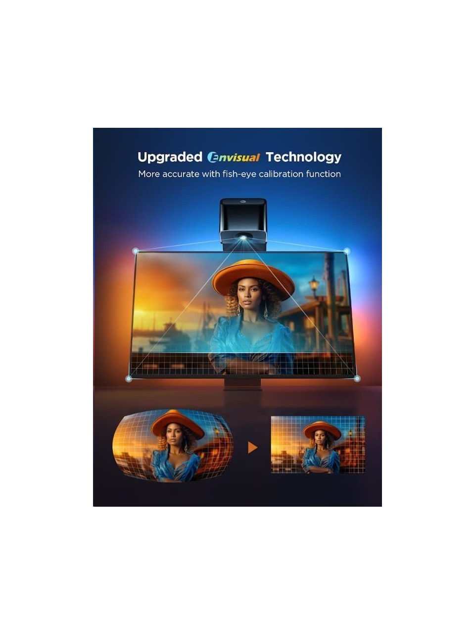 Envisual teknolojisi reklamı, şapkalı kadın, TV ekranı.