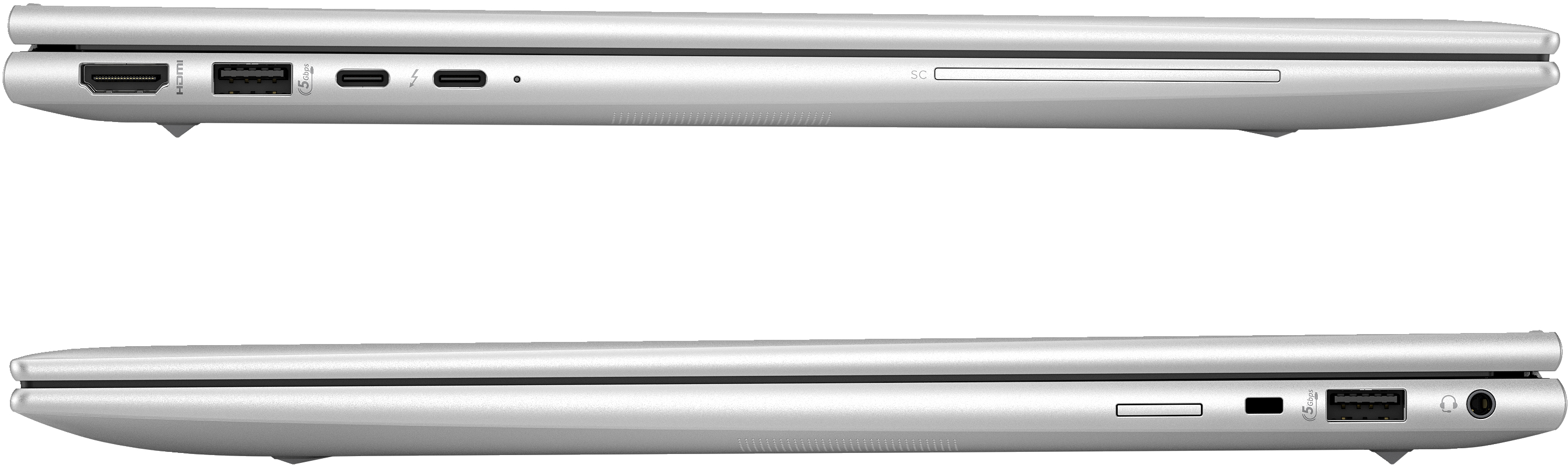 Zwei silberne Laptops, Seitenansicht. Zeigen Anschlüsse.