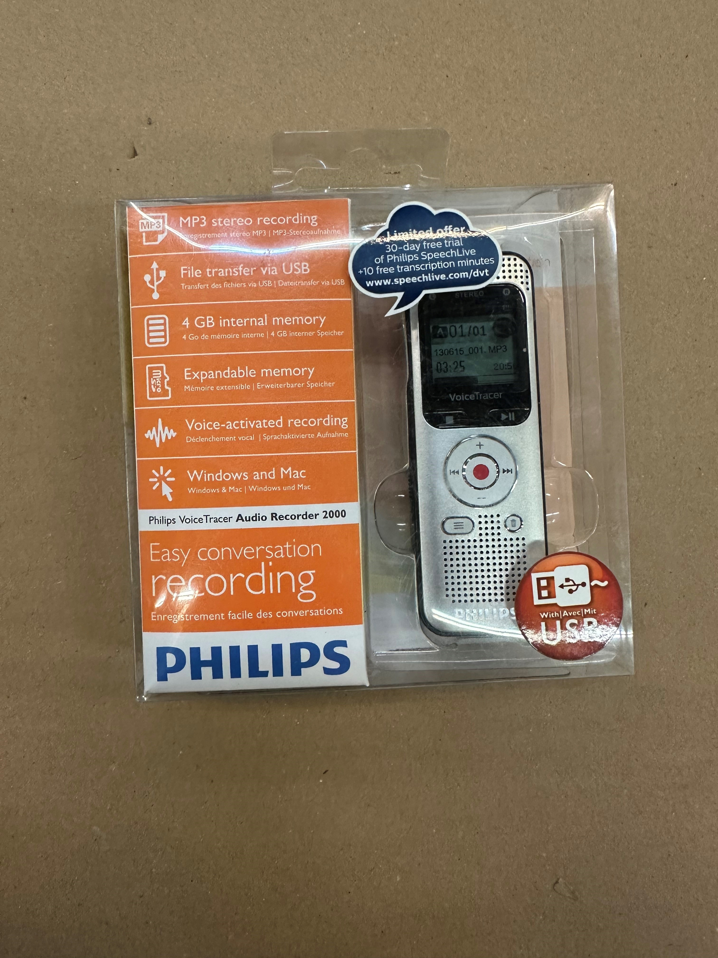 Philips Voice Tracer Audio Recorder 2000 w opakowaniu z funkcjami.