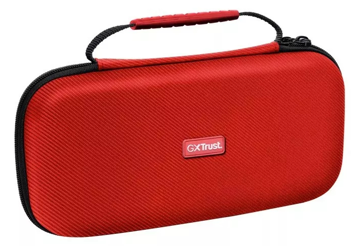 Czerwona walizka GxTrust z czarnym zamkiem błyskawicznym i uchwytem. Walizka jest teksturowana. Logo GxTrust z przodu.