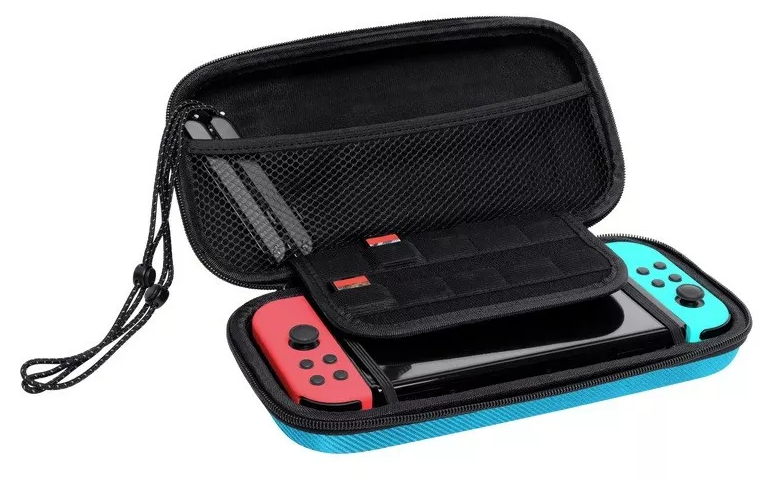 Niebieska i czarna torba transportowa na Nintendo Switch, otwarta.