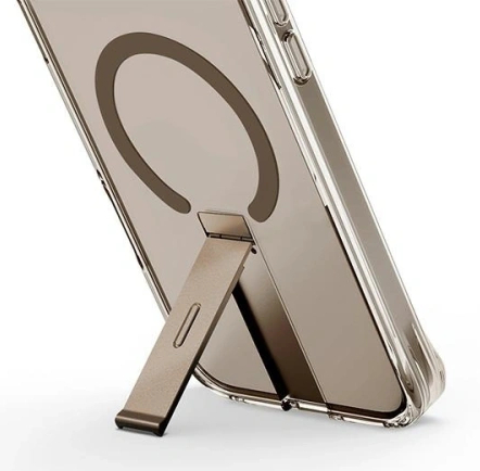 Przezroczyste etui na telefon z srebrnym metalowym stojakiem z tyłu.