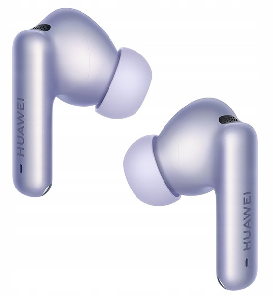 Dwa lawendowe słuchawki z logo HUAWEI na białym tle.