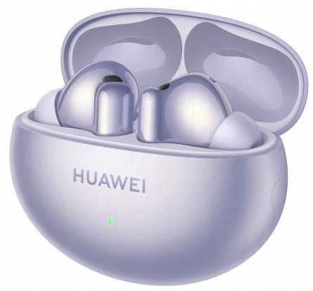 Fioletowe słuchawki w etui ładującym. Etui jest otwarte. Nazwa marki to 'HUAWEI'.