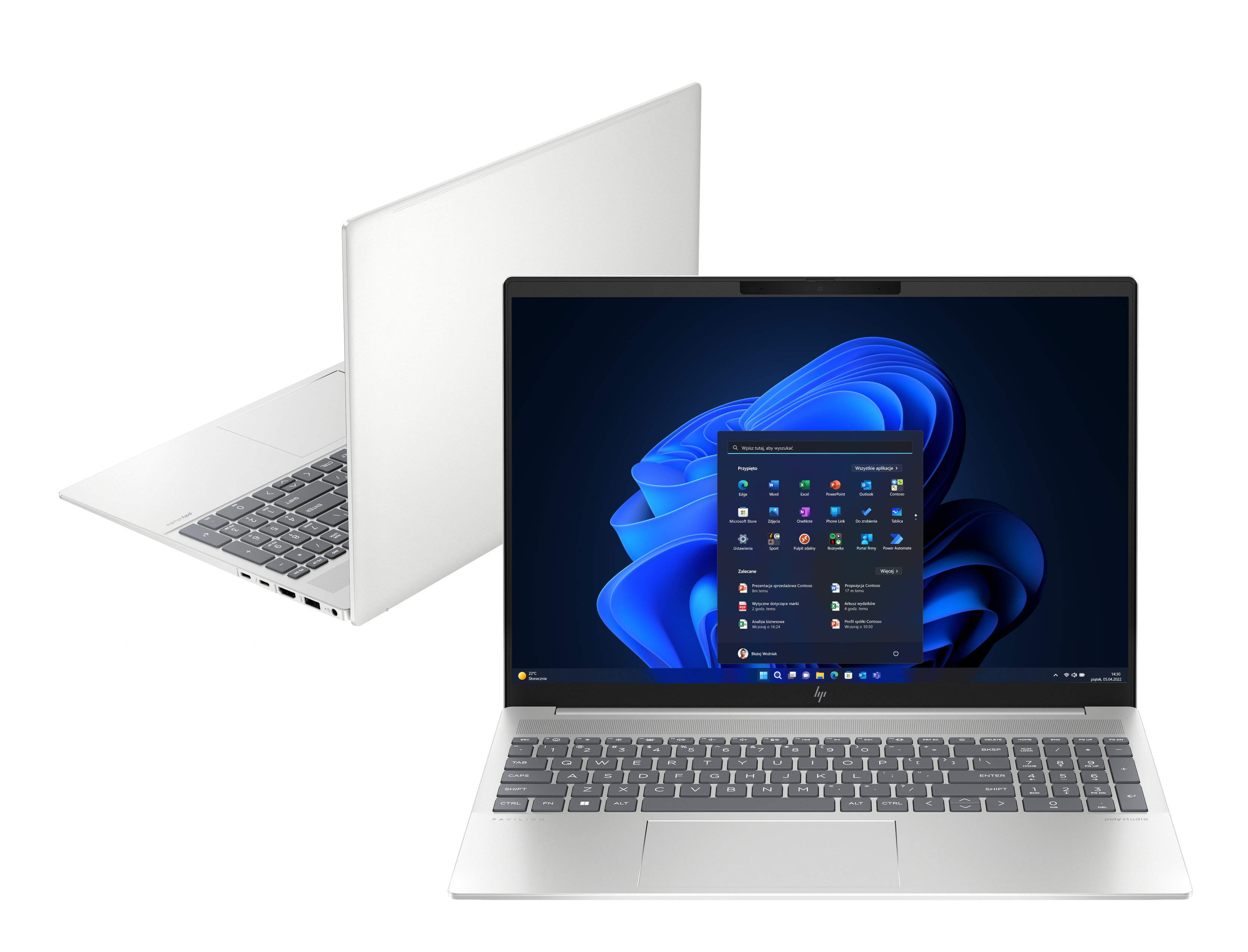 Dwa laptopy obok siebie. Jeden otwarty, wyświetlający interfejs Windows.