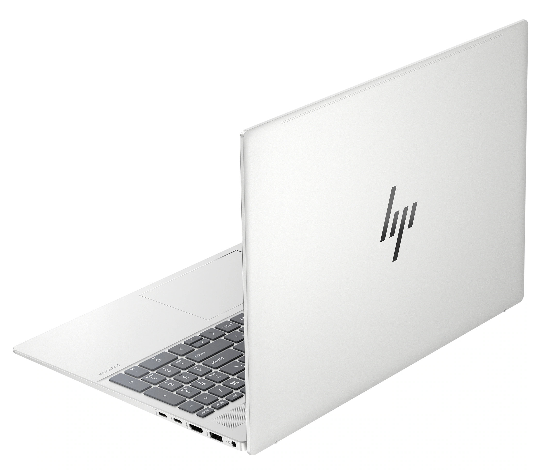Srebrny laptop zamknięty, logo HP na pokrywie, pod kątem.