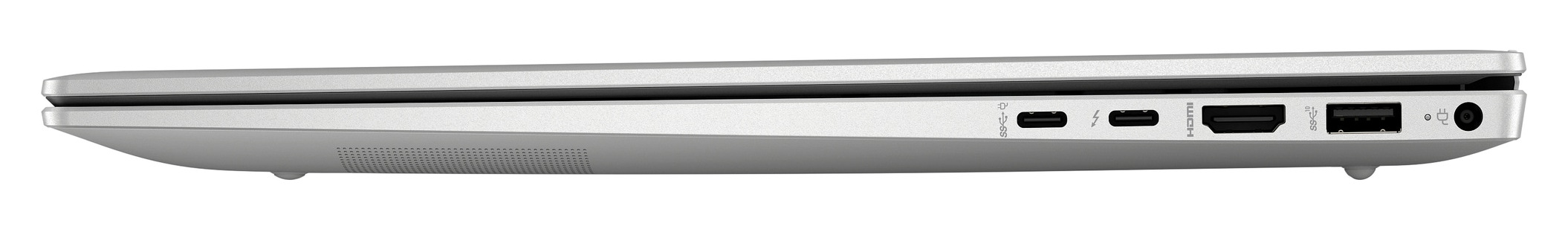 Widok z boku srebrnego laptopa, zamkniętego, z portami.