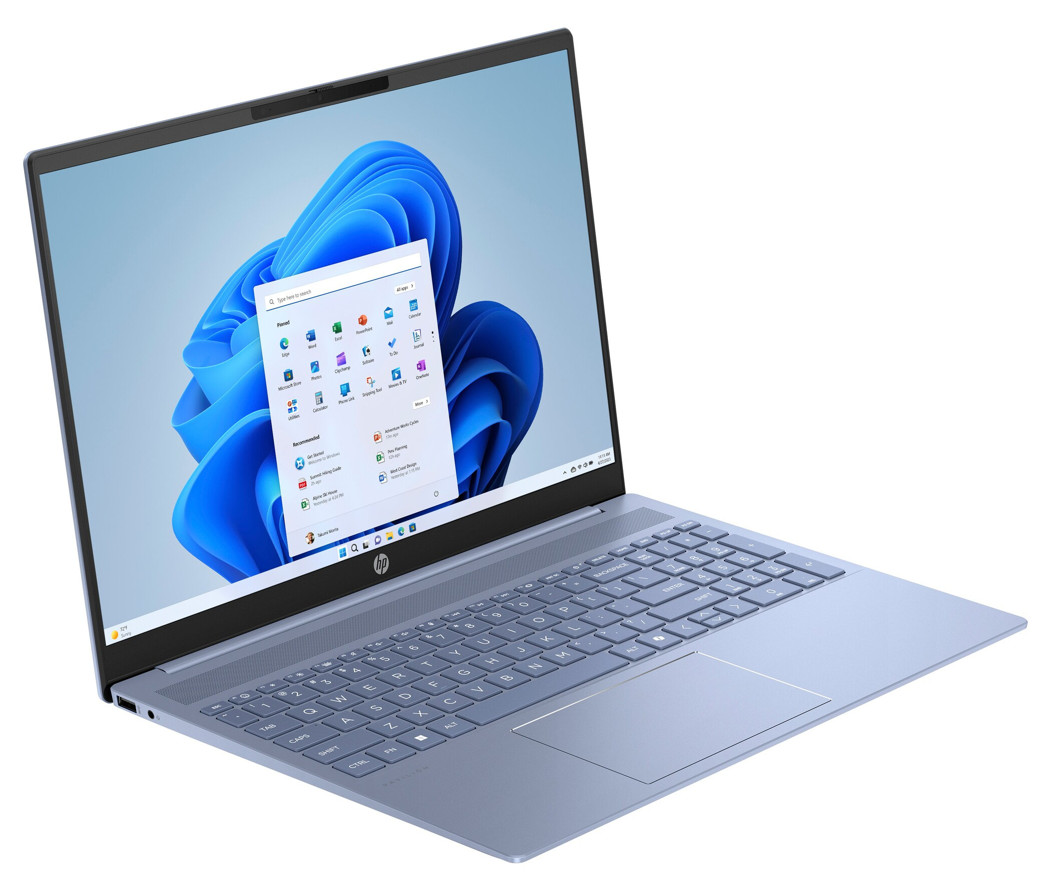 Niebieski laptop na białym tle. Otwarty ekran Windows 11. Widoczna klawiatura i touchpad.