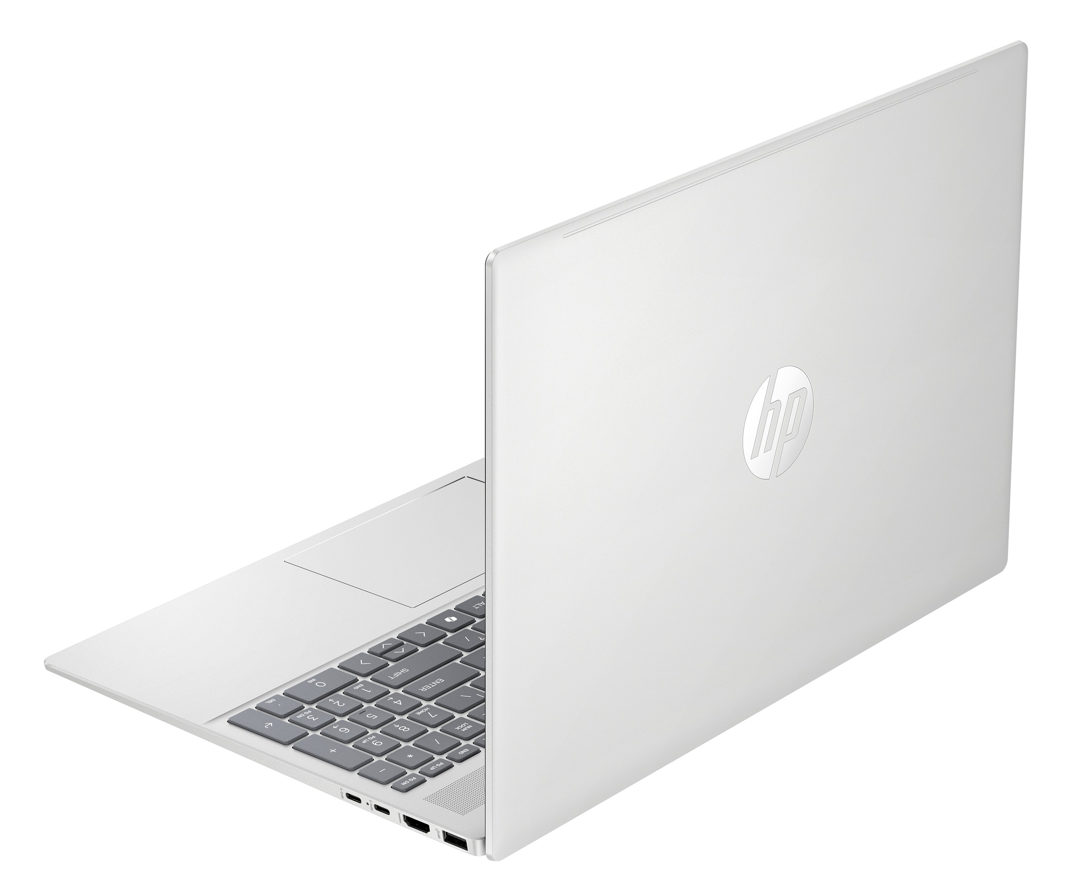 Biały laptop z logo HP z tyłu. Widoczna klawiatura i gładzik.
