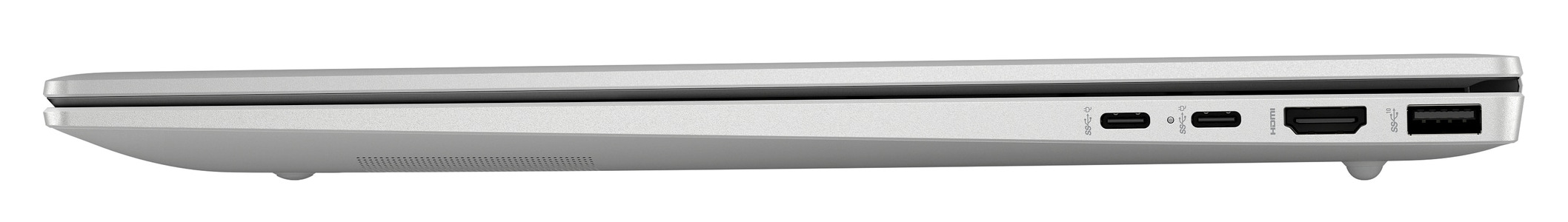 Widok z boku srebrnego laptopa. Widoczne porty: USB-A, HDMI, USB-C. Zamknięty.