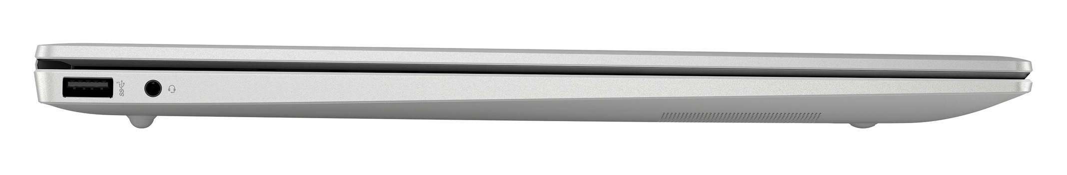 Widok z boku srebrnego laptopa. Posiada port USB, gniazdo audio i dwie małe nóżki.