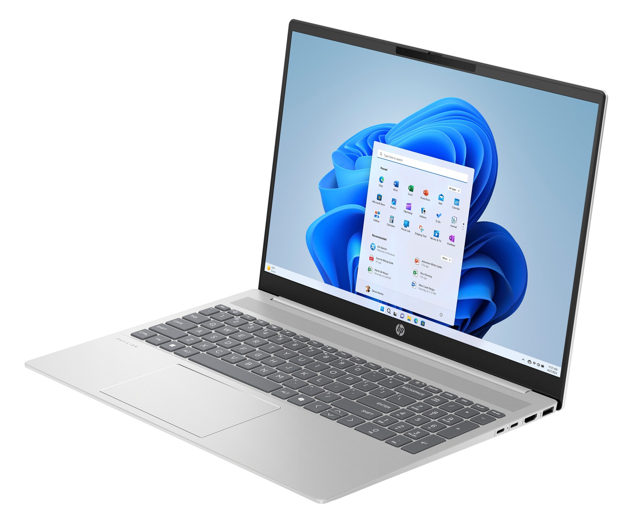 Srebrny laptop otwarty z interfejsem Windows 11. Klawiatura widoczna. Marka to 'HP'.