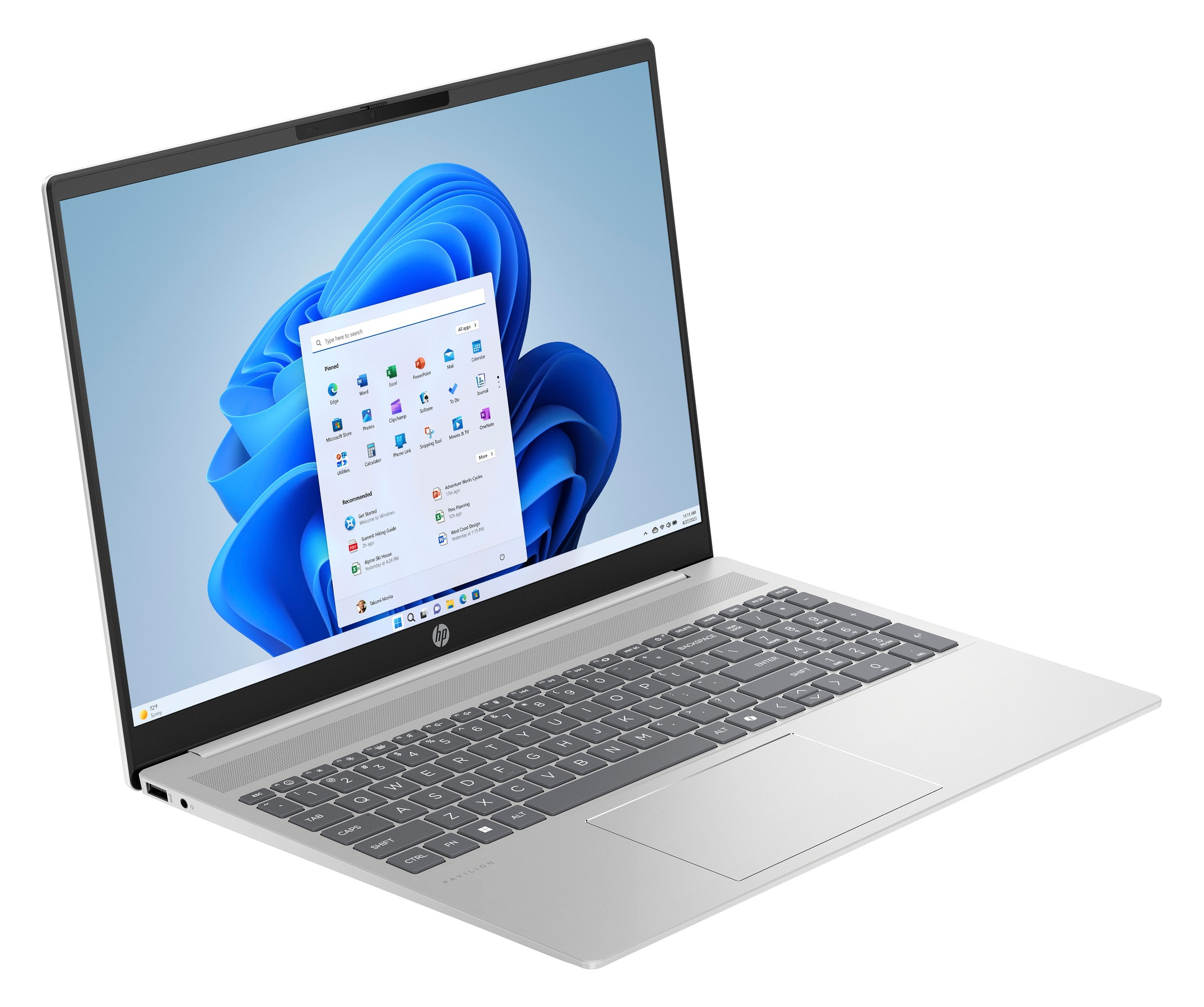 Srebrny laptop HP z ekranem Windows 11. Klawiatura jest widoczna.