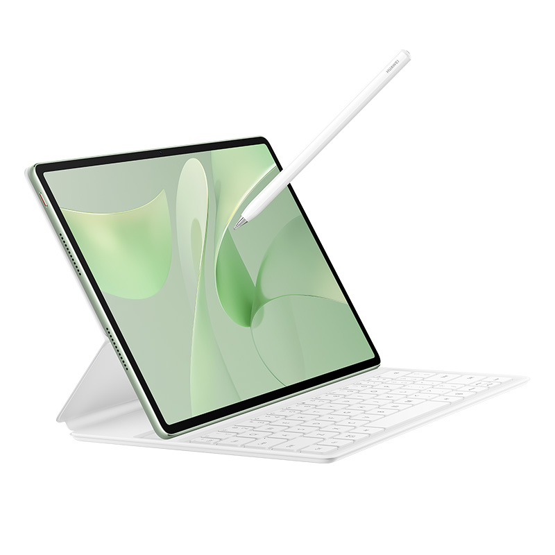 Klavye ve kalemli tablet. Tablet yeşil soyut tasarım görüntüler. Beyaz arka plan.