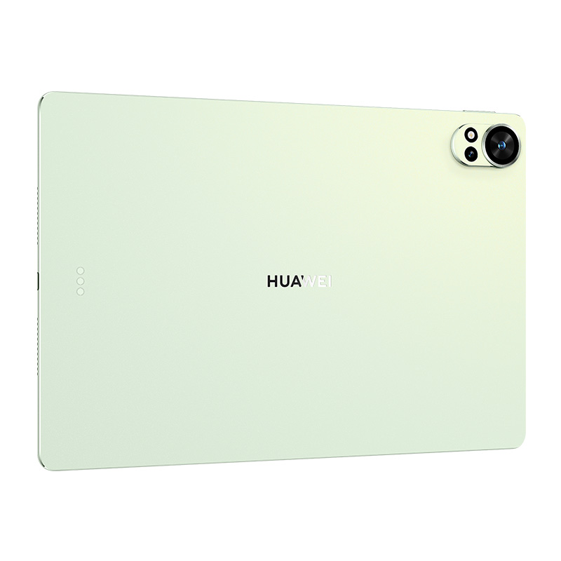 İki kamera merceğine sahip, açık yeşil bir Huawei tabletin arkası.