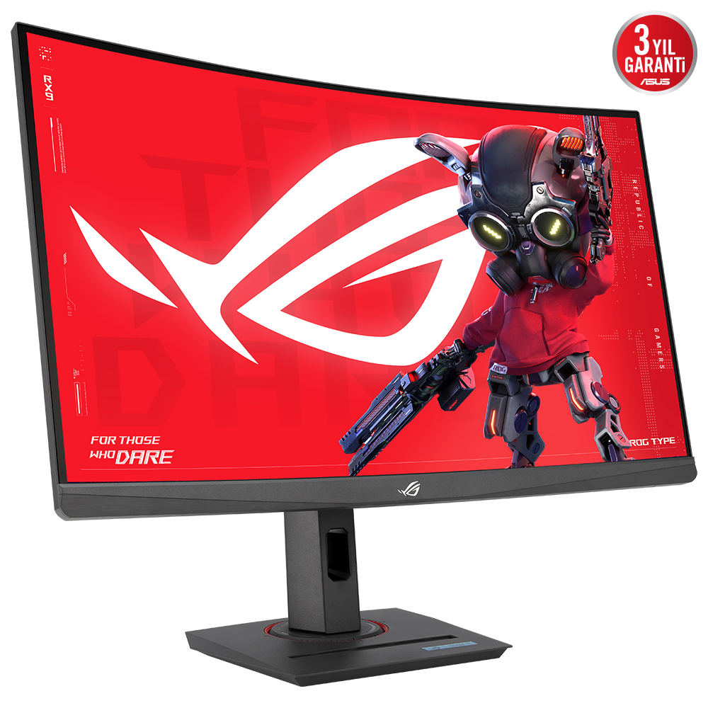 Kavisli oyun monitörü, kırmızı grafikli. Ekran bir robot karakteri gösteriyor.