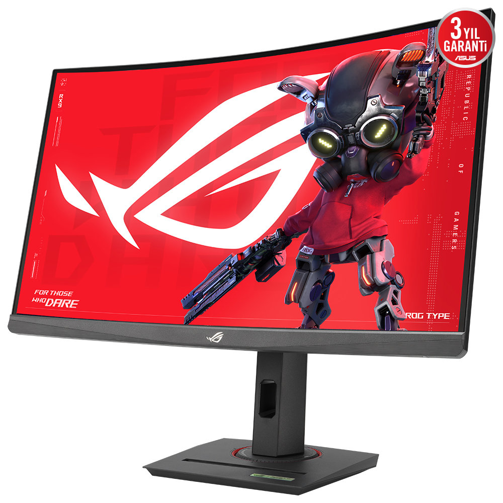 Ekranda bir robot karakteri olan kavisli bir ASUS monitör.