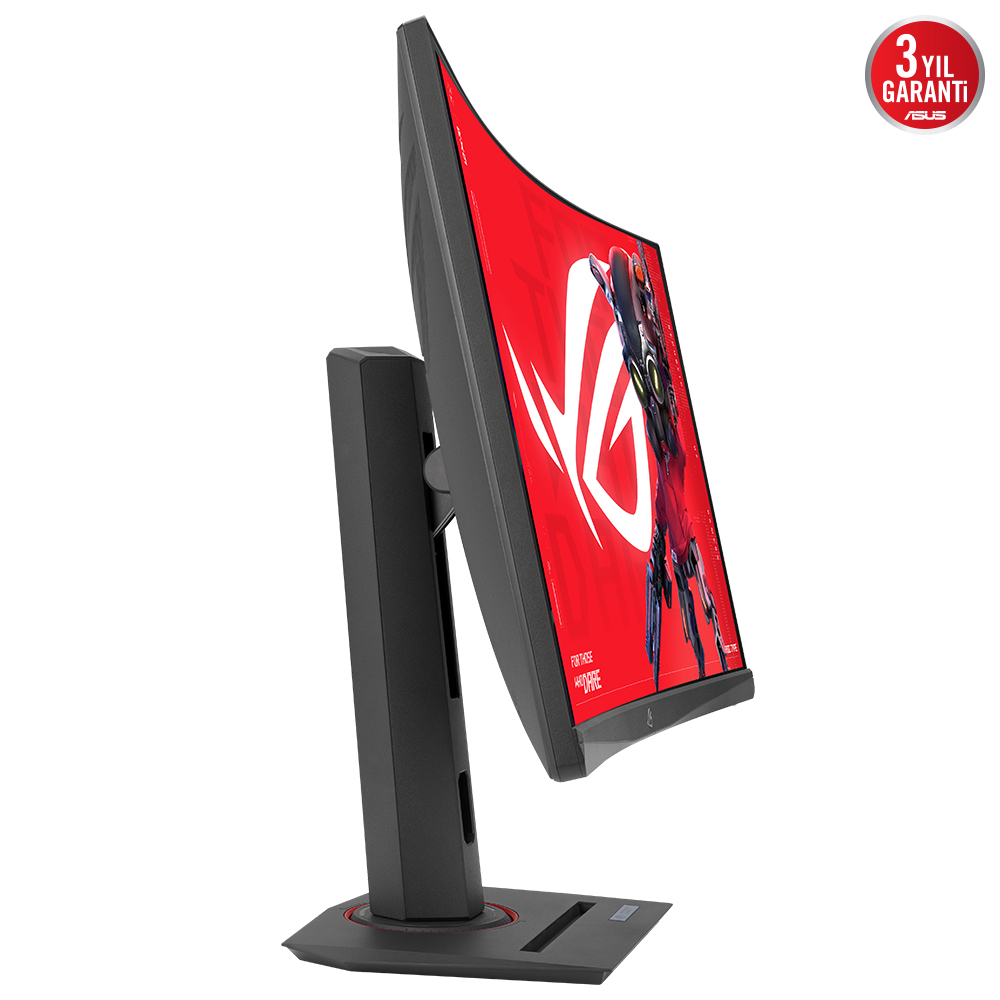 Yan açıdan görünen kavisli bir oyun monitörü. Ekran kırmızı ve beyaz logolu. Standı görünür.