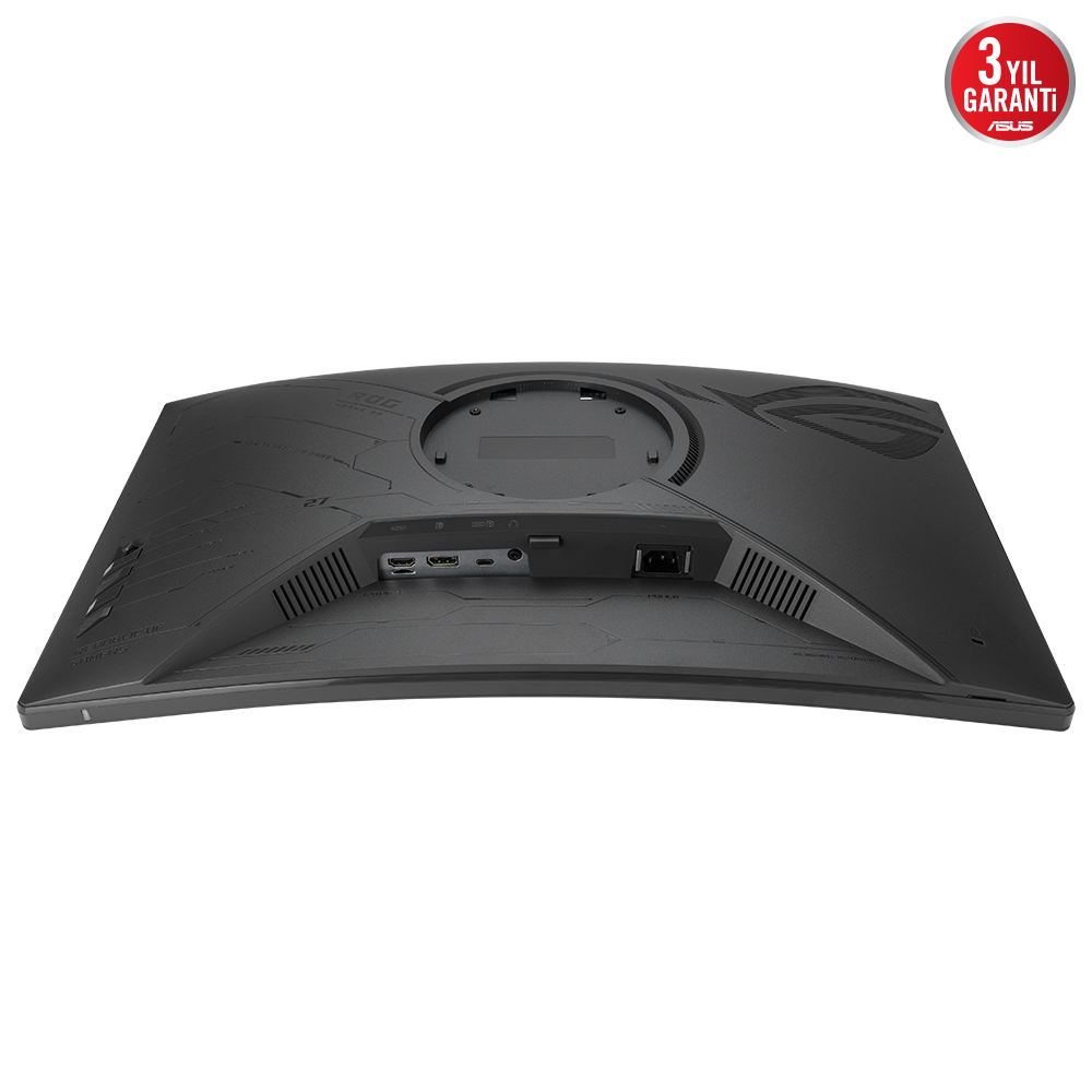 Kavisli bir monitörün arka görünümü, bağlantı noktaları ve ASUS ROG logosu ile.