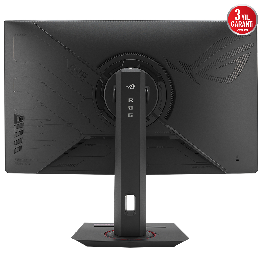 ASUS logosu bulunan, standlı siyah bir bilgisayar monitörünün arka görünümü.