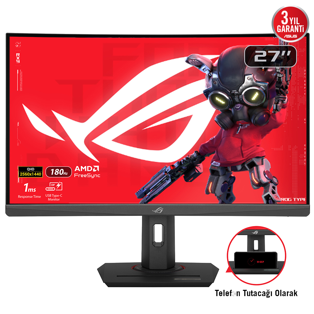 Çizgi film karakteri ve teknik özelliklere sahip 27" ASUS bilgisayar monitörü.