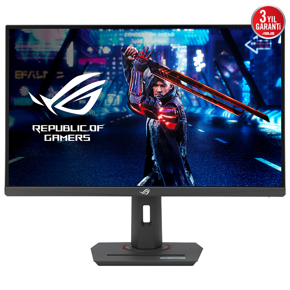 Ekranında kılıç tutan bir adam olan Asus oyun monitörü. Siyah taban, kırmızı vurgular.