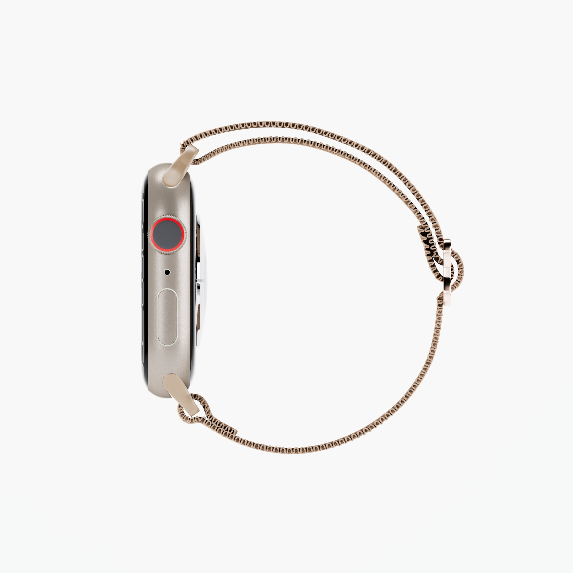 Altın bir kayışla altın bir Apple Watch'un yan görünümü. Saat beyaz bir arka plan üzerinde.