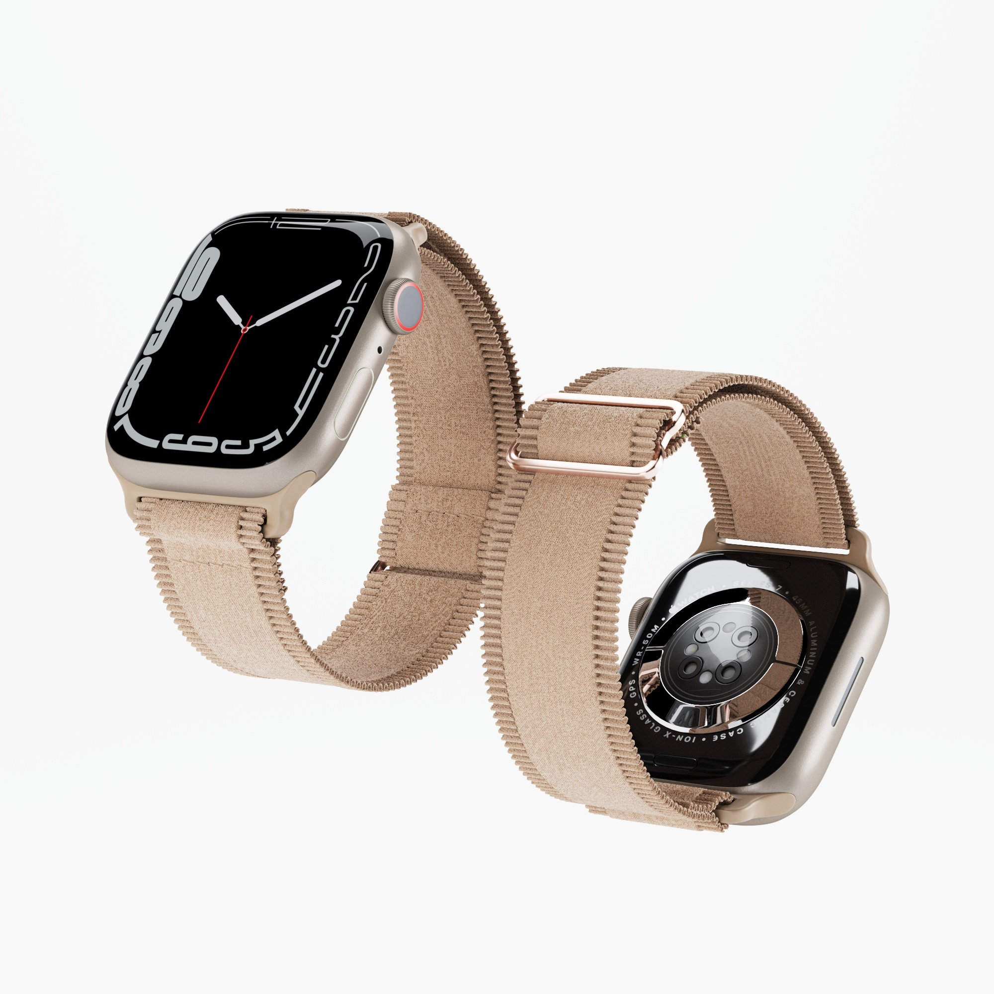 Bej kumaş kayışlı iki Apple Watch, saat kadranını ve arkasını gösteriyor.