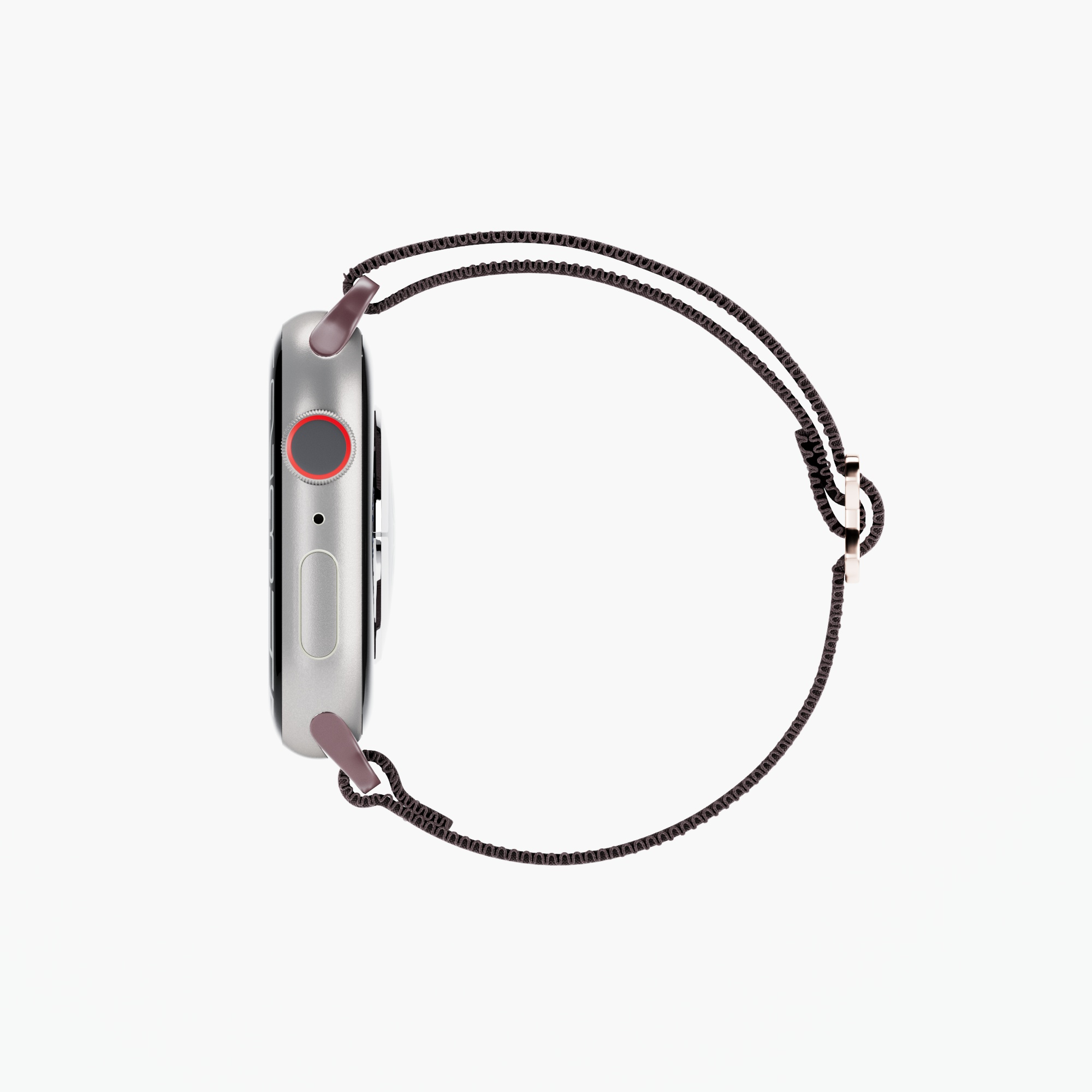 Koyu kahverengi kayışlı gümüş bir Apple Watch. Saat beyaz bir arka plan üzerinde yan taraftan görülüyor.