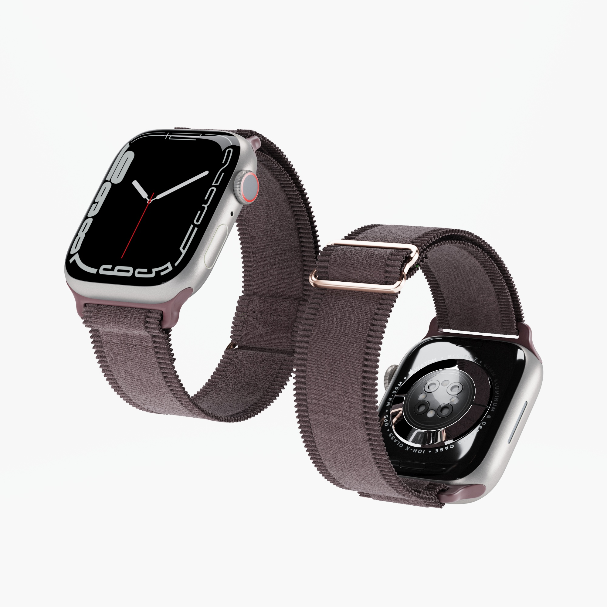 İki Apple Watch, biri ön, biri arka, mor kumaş kayışlarla.