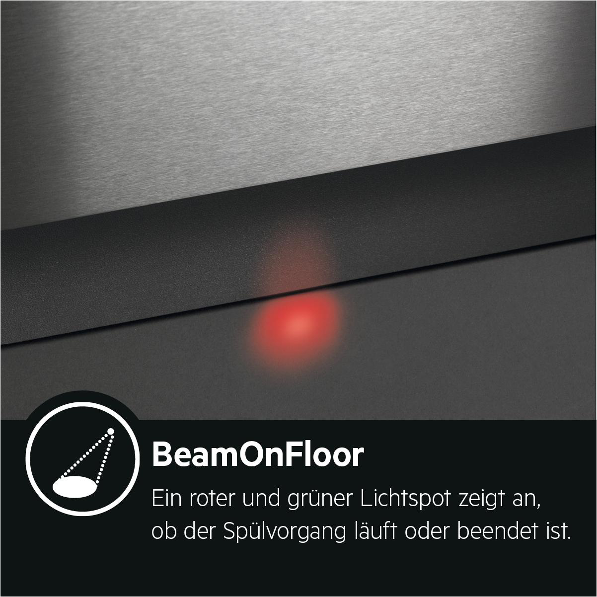 Geschirrspüler-Detail: rotes Licht auf dem Boden. Text 'BeamOnFloor' erklärt die Funktion des Lichts.