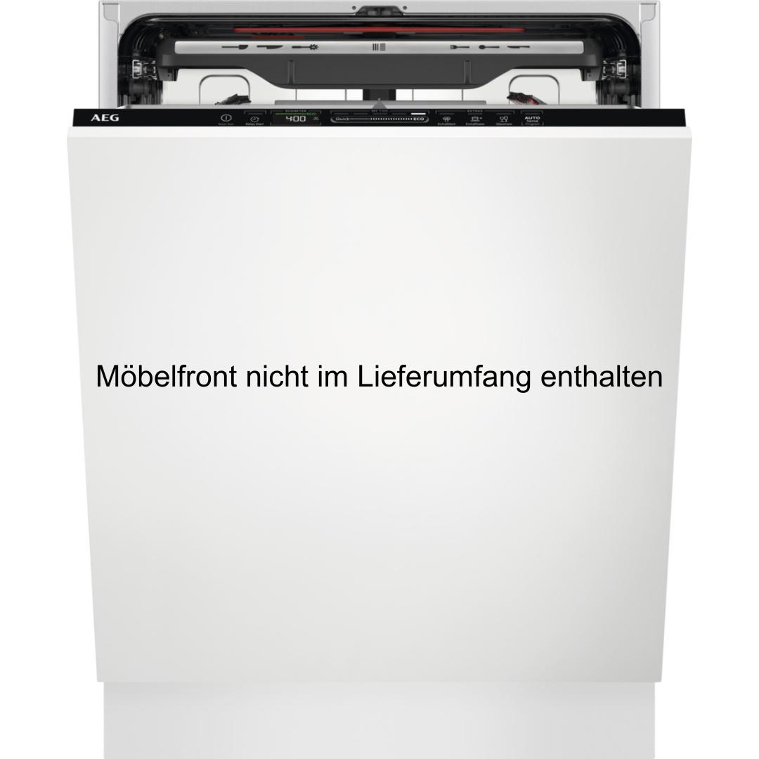 Weißer AEG Geschirrspüler mit offener Tür. Der Text 'Möbelfront nicht im Lieferumfang enthalten' wird angezeigt.