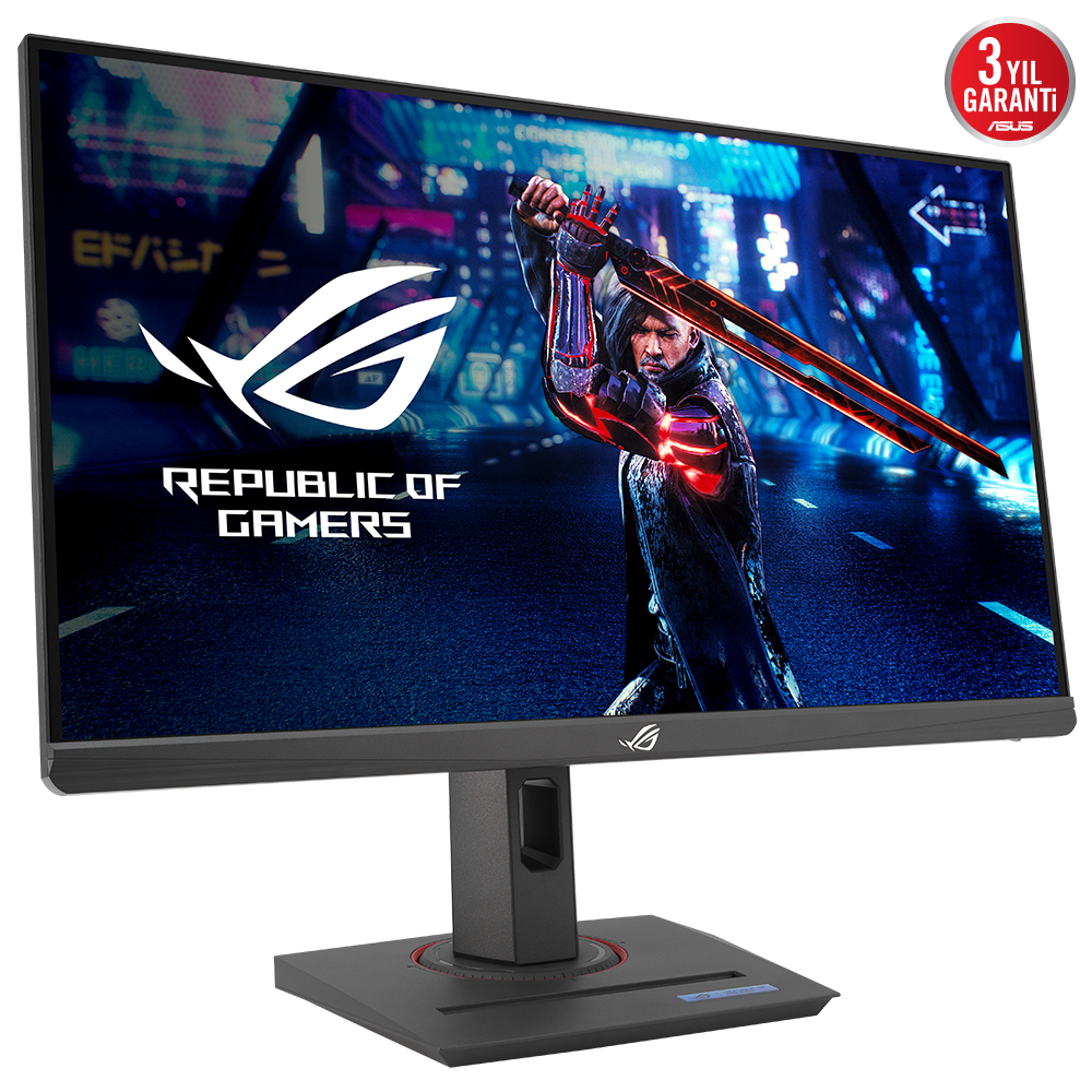 Ekranında kılıç sallayan bir adam olan bir oyun monitörü. ROG logosu görünür.