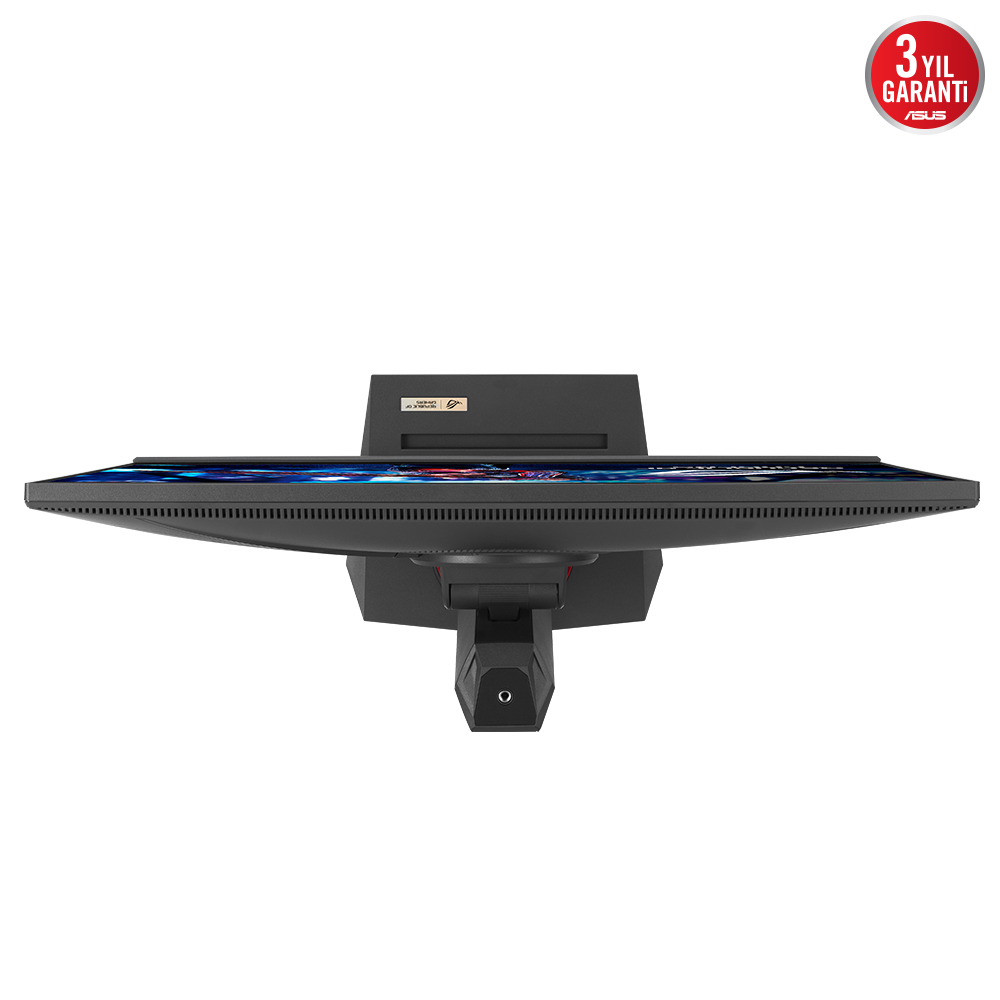 Siyah monitörün, stand ve garanti mührü ile yukarıdan görünümü.