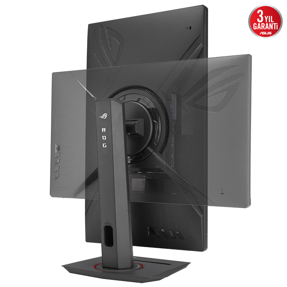 Siyah oyun monitörü, arka görünüm. Bağlantı noktalarını ve ROG logosunu gösterir.